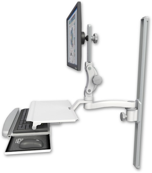 AccessMount™ Ultra 550 LCD mount on a 36" wall track slider with a work surface tray and slide-out keyboard tray and an 11" arm