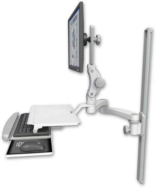 AccessMount™ Ultra 550 LCD mount on a 36" wall track slider with a work surface tray and slide-out keyboard tray and a 20" double-arm