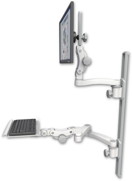 AccessMount™ Ultra 550 LCD mount on a 36" wall track with separate arms, a 12" paralink keyboard tray, and an 11" arm and 20" double-arm