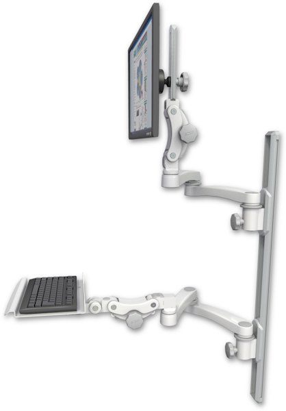 AccessMount™ Ultra 550 LCD mount on a 36" wall track with separate arms, a 12" paralink keyboard tray, and two 20" double-arms