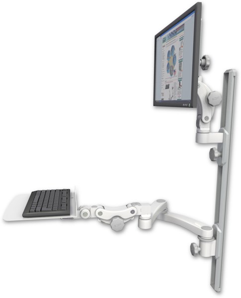 AccessMount™ Ultra 550 LCD mount on a 36" wall track with separate arms, a 12" flat paralink keyboard tray, and a 20" double-arm