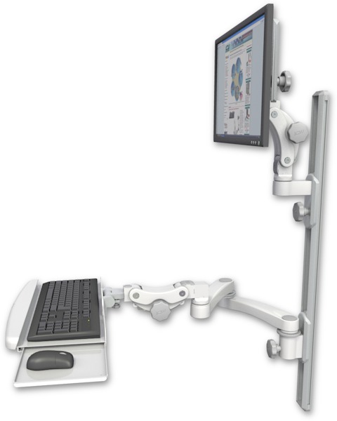 AccessMount™ Ultra 550 LCD mount on a 36" wall track with separate arms, a paralink keyboard tray w/ wrist rest bend, and a 20" double-arm