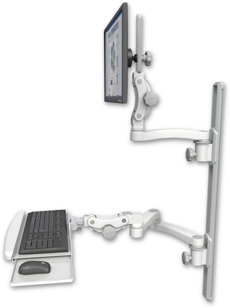 AccessMount™ Ultra 550 LCD mount on a 36" wall track with separate arms, a paralink keyboard tray w/ wrist rest bend, and an 11" arm and 20" double-arm