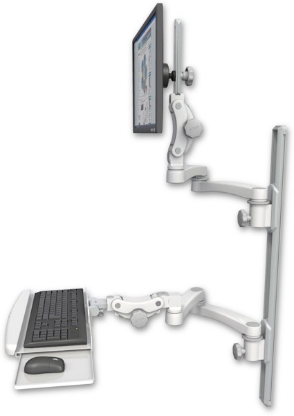 AccessMount™ Ultra 550 LCD mount on a 36" wall track with separate arms, a paralink keyboard tray w/ wrist rest bend, and two 20" double-arms