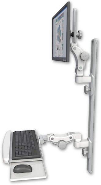 AccessMount™ Ultra 550 LCD mount on a 36" wall track with separate arms and a paralink keyboard tray w/ wrist rest bend