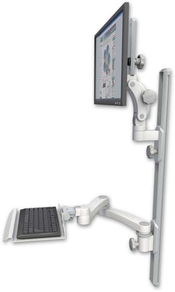AccessMount™ Ultra 550 LCD mount on a 36" wall track with separate arms, a 12" keyboard tray, and a 20" double-arm