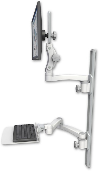AccessMount™ Ultra 550 LCD mount on a 36" wall track with separate arms, a 12" flat keyboard tray, and an 11" arm and 20" double-arm