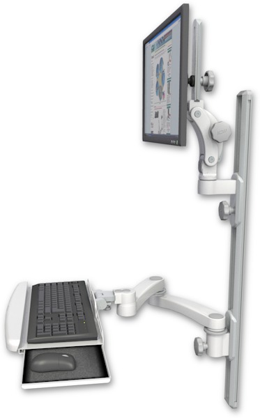 AccessMount™ Ultra 550 LCD mount on a 36" wall track with separate arms, a wrist-rest keyboard tray, and a 20" double-arm