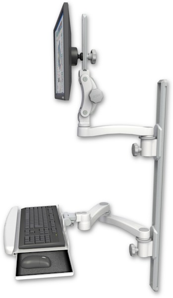 AccessMount™ Ultra 550 LCD mount on a 36" wall track with separate arms, a wrist-rest keyboard tray, and an 11" arm and 20" double-arm