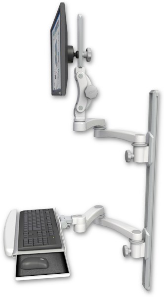 AccessMount™ Ultra 550 LCD mount on a 36" wall track with separate arms, a wrist-rest keyboard tray, and two 20" double-arms