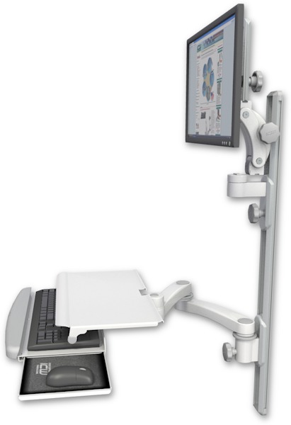 AccessMount™ Ultra 550 LCD mount on a 36" wall track with separate arms, a work surface tray and slide-out keyboard tray, and a 20" double-arm