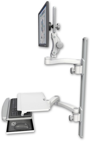 AccessMount™ Ultra 550 LCD mount on a 36" wall track with separate arms, a work surface tray and slide-out keyboard tray, and an 11" arm and 20" double-arm