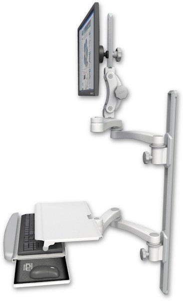 AccessMount™ Ultra 550 LCD mount on a 36" wall track with separate arms, a work surface tray and slide-out keyboard tray, and two 20" double-arms