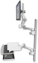 AccessMount™ Ultra 550 LCD mount on a 36" wall track with separate arms, a work surface tray and slide-out keyboard tray, and two 20" double-arms