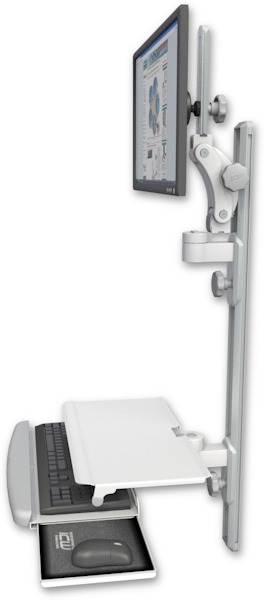 AccessMount™ Ultra 550 LCD mount on a 36" wall track with separate arms and a work surface tray and slide-out keyboard tray