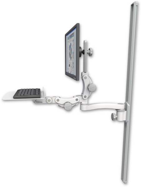 AccessMount™ Ultra 550 LCD mount on a 50" wall track slider with a 12" flat paralink keyboard tray and an 11" arm
