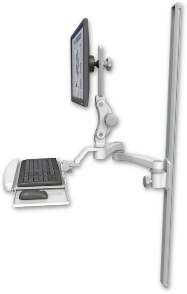 AccessMount™ Ultra 550 LCD mount on a 50" wall track slider with a wrist-rest keyboard tray and a 20" double-arm