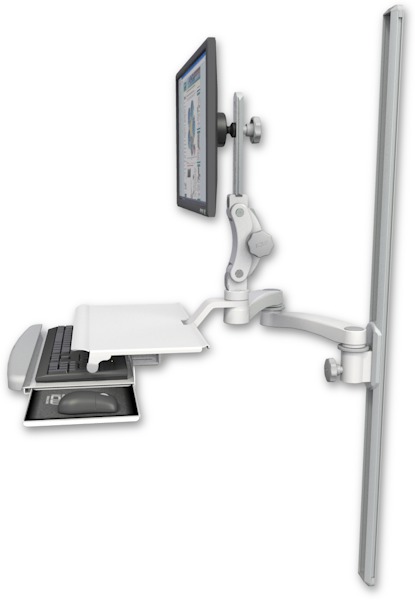 AccessMount™ Ultra 550 LCD mount on a 50" wall track slider with a work surface tray and slide-out keyboard tray and a 20" double-arm