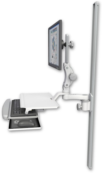 AccessMount™ Ultra 550 LCD mount on a 50" wall track slider with a work surface tray and slide-out keyboard tray and an 6" arm
