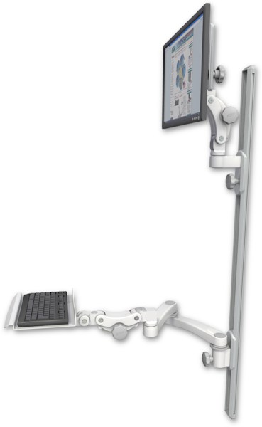 AccessMount™ Ultra 550 LCD mount on a 50" wall track with separate arms, a 12" paralink keyboard tray, and a 20" double-arm