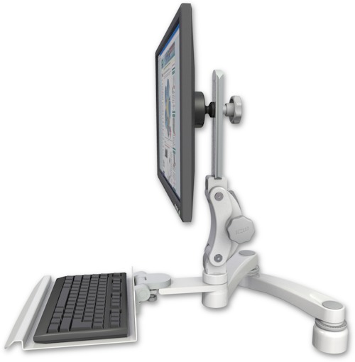 AccessMount™ Ultra 550 LCD desk mount with a 1" riser, a 12" keyboard tray, and a 20" double-arm