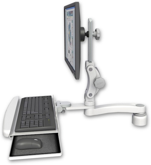 AccessMount™ Ultra 550 LCD desk mount with a 1" riser, a wrist-rest keyboard tray, and an 11" arm