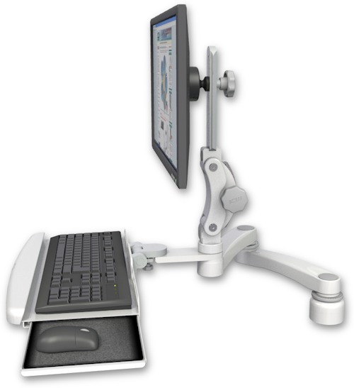 AccessMount™ Ultra 550 LCD desk mount with a 1" riser, a wrist-rest keyboard tray, and a 20" double-arm