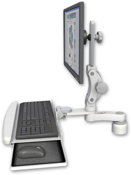 AccessMount™ Ultra 550 LCD desk mount with a 1" riser, a wrist-rest keyboard tray, and an 6" arm