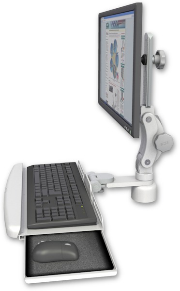 AccessMount™ Ultra 550 LCD desk mount with a 1" riser and a wrist-rest keyboard tray