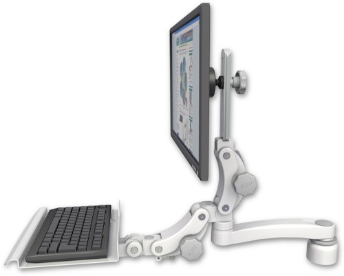AccessMount™ Ultra 550 LCD desk mount with a 1" riser, a 12" paralink keyboard tray, and an 11" arm