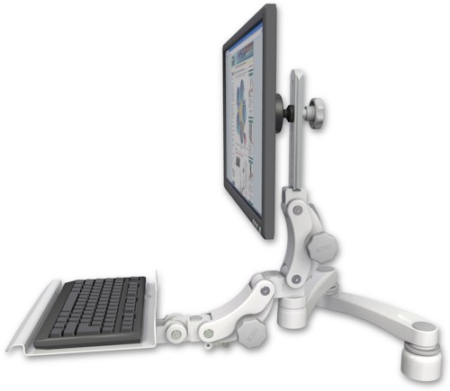 AccessMount™ Ultra 550 LCD desk mount with a 1" riser, a 12" paralink keyboard tray, and a 20" double-arm