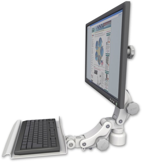 AccessMount™ Ultra 550 LCD desk mount with a 1" riser and a 12" paralink keyboard tray