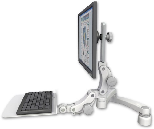 AccessMount™ Ultra 550 LCD desk mount with a 1" riser, a 12" flat paralink keyboard tray, and a 20" double-arm