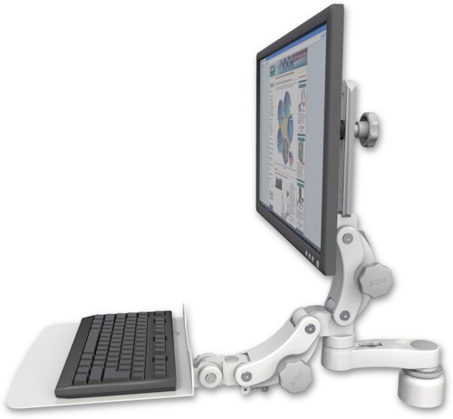 AccessMount™ Ultra 550 LCD desk mount with a 1" riser, a 12" flat paralink keyboard tray, and an 6" arm