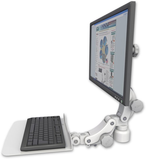 AccessMount™ Ultra 550 LCD desk mount with a 1" riser and a 12" flat paralink keyboard tray