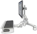 AccessMount™ Ultra 550 LCD desk mount with a 1" riser, a paralink keyboard tray w/ wrist rest bend, and a 20" double-arm
