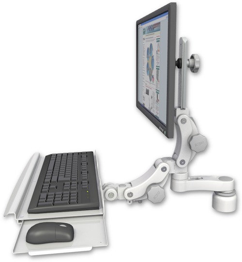 AccessMount™ Ultra 550 LCD desk mount with a 1" riser, a paralink keyboard tray w/ wrist rest bend, and an 6" arm