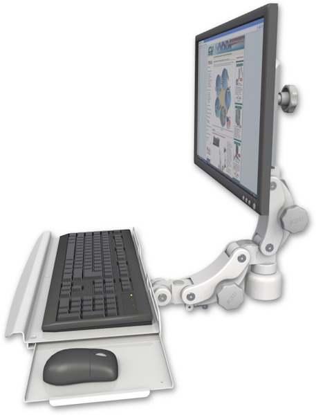 AccessMount™ Ultra 550 LCD desk mount with a 1" riser and a paralink keyboard tray w/ wrist rest bend