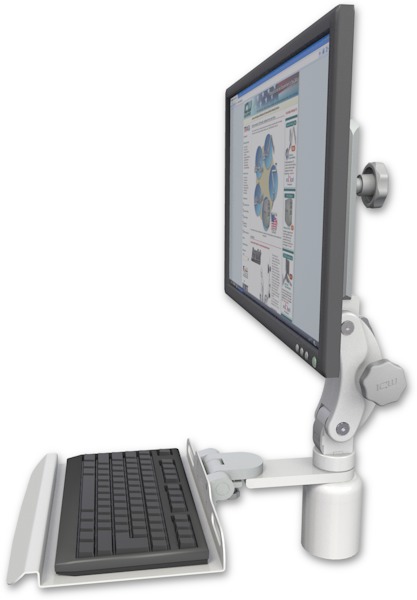 AccessMount™ Ultra 550 LCD desk mount with a 3" riser and a 12" keyboard tray