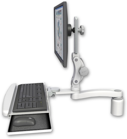AccessMount™ Ultra 550 LCD desk mount with a 3" riser, a wrist-rest keyboard tray, and an 11" arm