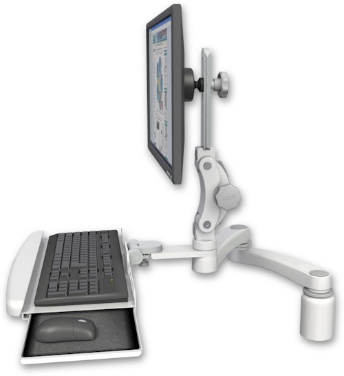 AccessMount™ Ultra 550 LCD desk mount with a 3" riser, a wrist-rest keyboard tray, and a 20" double-arm