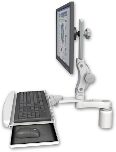 AccessMount™ Ultra 550 LCD desk mount with a 3" riser, a wrist-rest keyboard tray, and an 6" arm