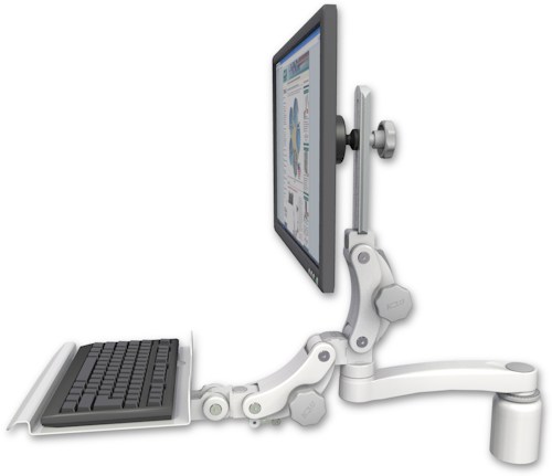 AccessMount™ Ultra 550 LCD desk mount with a 3" riser, a 12" paralink keyboard tray, and an 11" arm
