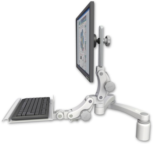 AccessMount™ Ultra 550 LCD desk mount with a 3" riser, a 12" paralink keyboard tray, and a 20" double-arm