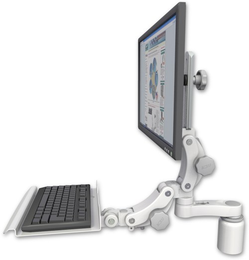 AccessMount™ Ultra 550 LCD desk mount with a 3" riser, a 12" paralink keyboard tray, and an 6" arm
