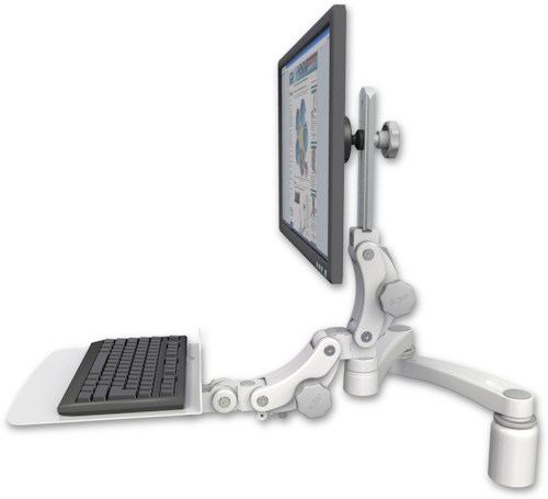 AccessMount™ Ultra 550 LCD desk mount with a 3" riser, a 12" flat paralink keyboard tray, and a 20" double-arm
