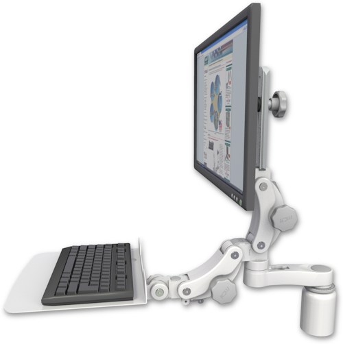 AccessMount™ Ultra 550 LCD desk mount with a 3" riser, a 12" flat paralink keyboard tray, and an 6" arm