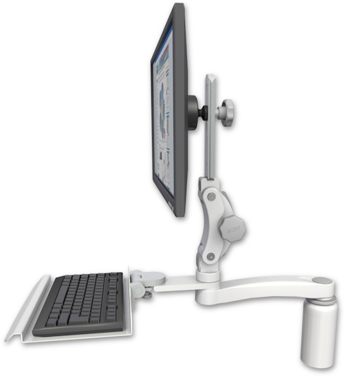 AccessMount™ Ultra 550 LCD desk mount with a 5" riser, a 12" keyboard tray, and an 11" arm