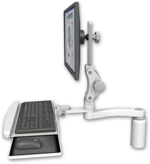 AccessMount™ Ultra 550 LCD desk mount with a 5" riser, a wrist-rest keyboard tray, and an 11" arm