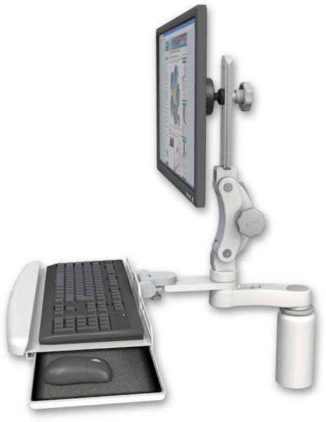 AccessMount™ Ultra 550 LCD desk mount with a 5" riser, a wrist-rest keyboard tray, and an 6" arm